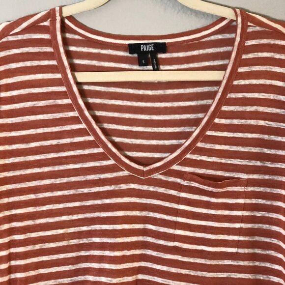 Paige Lynnea Linen Striped Chest Pocket V Neck T Shirt - NEW - Picture 5 of 9